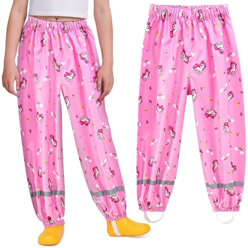 Domueay Kids Waterproof Trousers Girls Rain Pants Outdoor Reflective Mud Pants for Children Toddler 3-4 Years, Pink