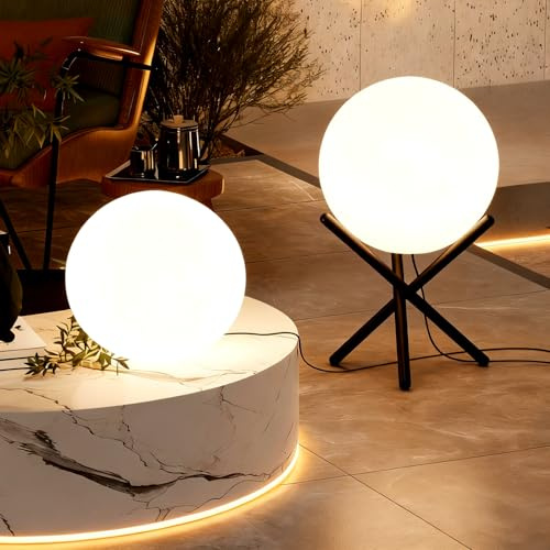 Lightdot Outdoor Floor Lamp, 12-Inch LED Ball Light with Milky White Waterproof Shade - 10W 3000K Corn Globe Floor Lamps with Stable Black Tripod Base, for Patio Garden Living Room, Bedroom, Plug&Play