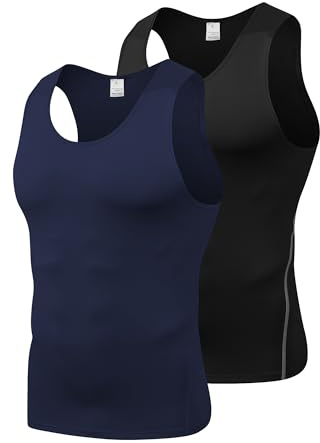 Yuerlian Navy Compression Gym Vests for Men 2 Pack Sport Workout Sleeveless Tank Top Cool Dry Llightweight Base Layer T-Shirt for Athletic Soccer Cycling