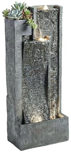 Outsunny Fuente de Agua Decorativa con Iluminación LED y Maceta, Fuente de Jardín Exteror en Cascada de 3 Niveles, con Bomba, Resistente a la Intemperie, para Jardín, Patio, 38x19x101 cm, Gris Oscuro