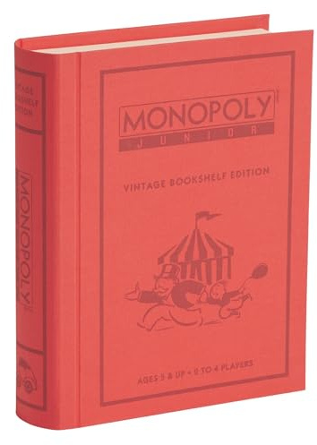 WS Game Company Monopoly Junior Vintage Bookshelf Edition: Linen Fabric-Wrapped Book Case — Classic Monopoly Jr. Board Game for Family Game Night (2-4 Players, Ages 5+)