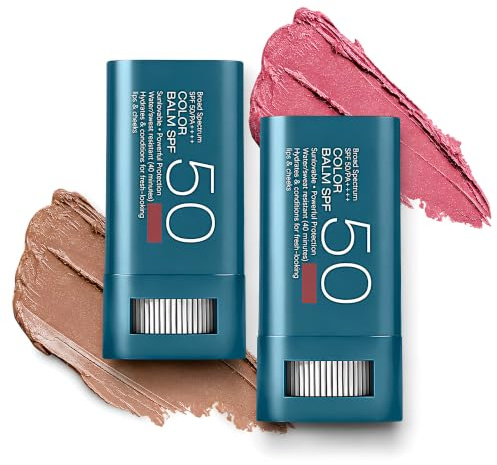 Color Balm SPF 50 Blush Stick for Cheek and Lip, Pink Rose & Warm Bronze | Blendable Natural Finish Multiuse Makeup Balm, Cream Blush, Bronzer Stick, SPF Lip Balm, Zinc Oxide Mineral Sunscreen Stick