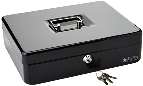 Rapesco SB0012B1 Geldkassette aus Metall mit Schloss, 3 Schlüsseln und herausnehmbarem Fach, Größe 12, Schwarz