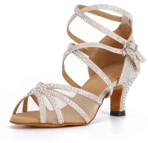 Syrads Zapatos de Baile Latino con pedrería para Mujer Salsa Tango Moderna Bachata Zapatos de Baile de Salón Suela Blanda 1057-01