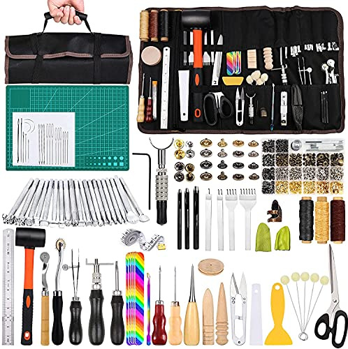 Set fai da te in pelle, 87 pezzi, strumenti per il fai da te, in pelle, set di rivetti in pelle, timbri per cuoio, aghi da cucito e altri strumenti per artigianato in pelle, cucito a mano