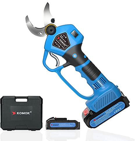 KOMOK Cesoie Elettriche Per Potatura 35 mm, con LED Display & Paramano/ 2 Batterie Ricaricabili 2000mAh 21V/ Motore Brushless 600W/ Forbici Elettriche per Potatura Giardinaggio - Blu