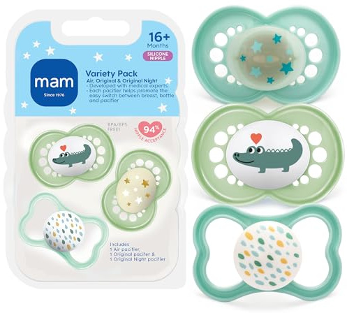 Pacifier, 16+ Months, Variety Pack (1 Original, 1 Air + 1 Night Pacifier), Unisex 3-Count