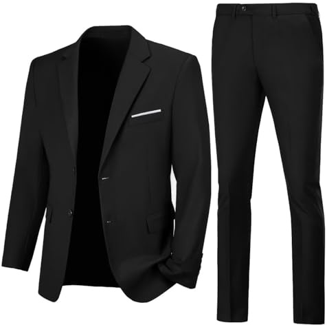 Mens Suit Formal 2 Piece Suit Set Slim Fit Suit Jacket and Pants Solid Black Prom Suit for Wedding Party Tuxedo for Men L