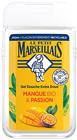 Le Petit Marseillais | Gel Douche Extra Doux Mangue Bio & Passion (flacon de 250 ml) – 92 % d'ingrédients d'origine naturelle – pH neutre pour la peau et sans colorant