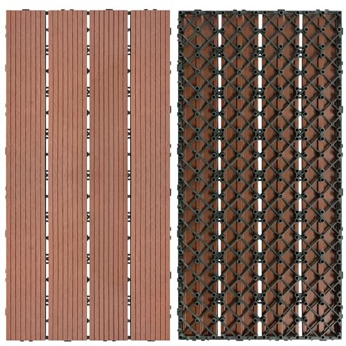 SUBTLETY 5m² WPC Terrassenfliesen 6 Stück Holzoptik Balkonfliesen 30x60cm Klickfliesen Set mit Drainage Gitter Kunststoff Gartenfliesen Bodenfliesen für Garten Terrasse Balkon Teich (Braun)