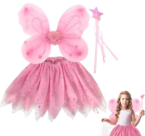AffeGifts Ali Fata Bambina, Ali da Fata Bambina con Tutu Gonna e Fascia Costume Farfalla Vestito Farfalla per Ragazze Costume Mascherato Festa di Compleanno (Rosa)