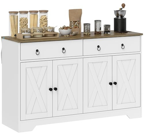 HOMCOM 48 Sideboard Buffet with Storage, Kitchen Storage Cabinet with 2 Drawers and 4 Barn Doors, Farmhouse Coffee Bar Cabinet with Adjustable Shelves, White