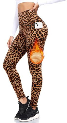 ACTINPUT Thermo Leggings Damen Gefütterte Thermoleggins High Waist Thermohose Winter Warme Sportleggins Strumpfhosen Yogahose Laufhose Sporthose mit Taschen(Leopard,XXL)