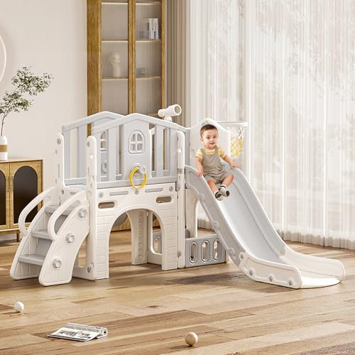 FUKEA 7-in-1 Kids Slide, Toddler Castle Slide with Stairs, Storage Box, Tunnel, Basketball Hoop, Ring Toss Set, Telescope, Garden Large Slide Playground for Toddlers age 1-6
