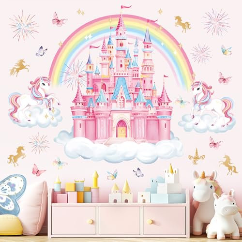 decalmile Adesivi Murali Arcobaleno Castello Grand Adesivi da Parete Arcobaleno Unicorno Farfalla Nuvole Decorazione Murale Camere Ragazze Camerette Bambini Asilo Nido