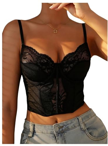 GORGLITTER Women's Floral Lace Bustier Corset Cropped Tops Sheer Scalloped Sexy Party Tops Black Medium