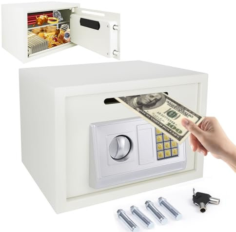16L Home Digital Safe Electronic Cabinet Safes Cash Box Wall Safes with Key, High Security Home Safe Steel Construction, Fireproof Electronic Password Cabinet for Office, Hotel, 35*24.8*25cm, White