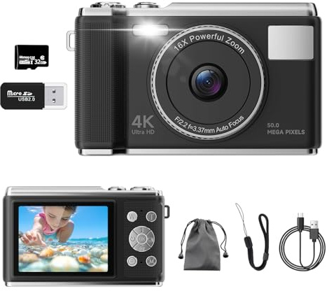 Fotocamera digitale 4K, vera fotocamera da vlogging 50 MP con scheda TF 32 G, zoom 16x, messa a fuoco automatica AF, schermo anti-tremore, schermo LED da 2,83 pollici, Flash, dispositivo
