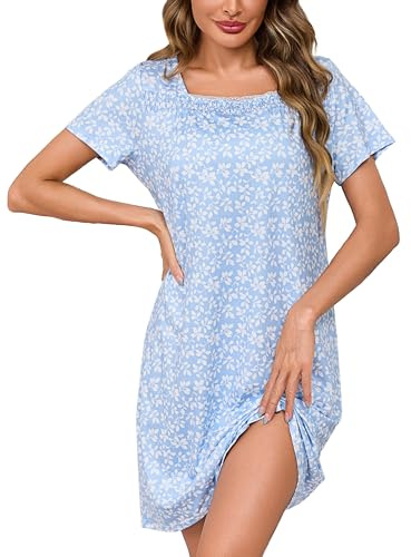 Litherday Camisón Verano para Mujer Algodon Manga Corta Ropa de Dormir Motivo Floral Vestido Mujer Suelto Cómodo