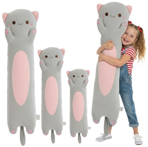 Kekeso Long Cat Plush Toy,Soft Cat Plush Pillow Stuffed Animal for Kids & Adults, Kawaii Kitty Body Pillow Gift for Boys Girls (Gray, Round Eyes, 60cm/23.62inch)