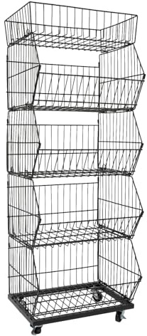 RjcdOPL 5-Tier Wire Grid Retail Display Rack, Metal Storage Basket Stand with Wheels and Lockable Casters, Heavy Duty Organiser for Fruit, Vegetables, Snacks, Shops and Supermarkets (Black)