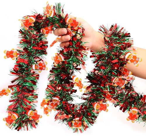Guirnalda Navideña Tinsel Metálico Oropel Rojas y Verdes 2M Hombre de Jengibre Espumillón Decoración Colgante para Árbol Navidad Pared Techo Ventana Hogar Fiesta