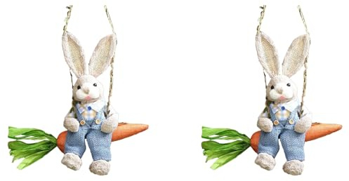 Generchin 2X Estatuilla de Conejito de Paja de Pascua, Conejo de Paja en Columpio de Zanahoria, Adorno Colgante de Estatua de Conejito para Decoración del Hogar de Vacaciones de Pascua B
