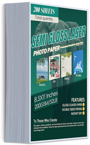 Laser Photo Paper 8.5x11 In,200 Sheets 200GSM/52LB Semi Gloss Double Sided High-Heat Resistant Smudge Proof for Laserjet Brochures Covers Postcard DIY Flyers Cards Picture Cardstock