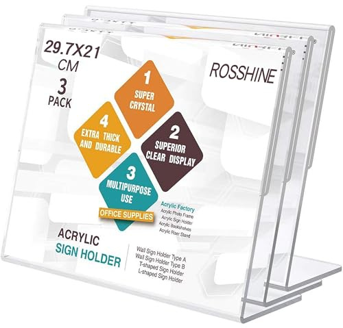 A4 Menu Holders, 3 Pack Horizontal Acrylic Sign Holder Poster Display Stand | ROSSHINE Slant Back L-Shaped Clear Poster Holder for Office School Home Restaurant