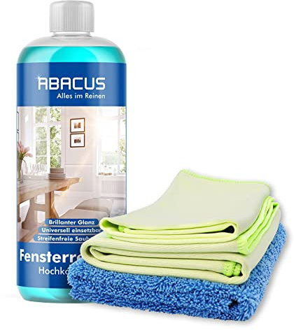 ABACUS® Fensterreiniger Hochkonzentrat 1000 ml Set 1:1000, Glasreiniger Konzentrat Set, Spiegelreiniger, Fensterputzmittel Paket, Fensterwischer Set – Fensterreiniger Hochkonzentrat Set 1000 ml