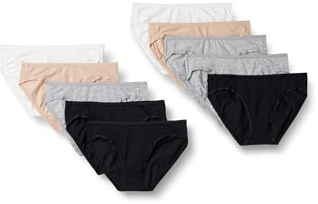 Amazon Essentials Women's Cotton Bikini Brief Underwear (Available in Plus Size), Pack of 10, Black/Grey Heather/Light Pink/White, 18