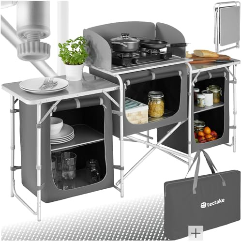 tectake® Camping Küche faltbar, Reiseküche mit Aluminium Gestell, Campingtisch mit Windschutz, hitzebeständige Arbeitsplatte, Camping Zubehör Küchenschrank, Outdoorküche für Wohnwagen, Vorzelt - grau