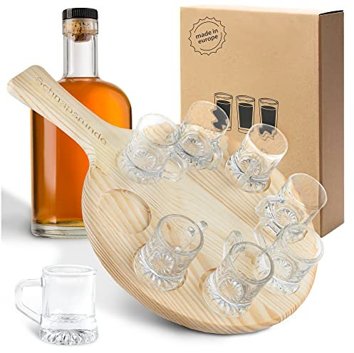 Smart-Planet Schnapsbrett inkl. 8 Shot Gläser als Mini Bier Krug Schnapsrunde aus Buchenholz - Schnapsgläser auf Holzbrett mit Aufschrift - Geschenke für Männer