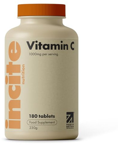 Incite Nutrition Compresse alla Vitamina C 1000 mg. Fornitura da 6 Mesi di Vitamina C ad Alta Concentrazione. Supporta le Difese Immunitarie e il Sistema Nervoso. Adatto per Vegani e Vegetariani.