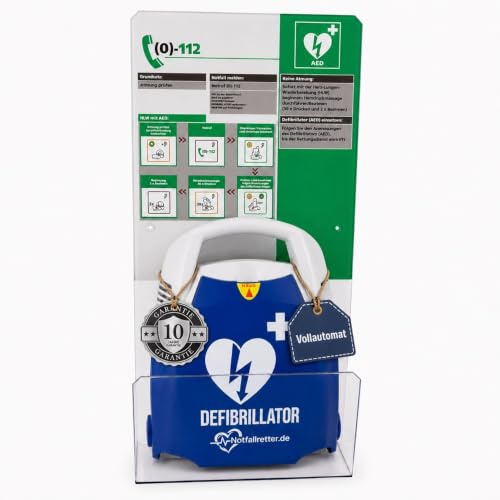 AED Laien Defibrillator [10 Jahren Garantie] inkl. Acrylglas-Wandwinkel, Erste-Hilfe Notfallset, für Gewerbe, Zuhause, Verein, Praxis, Autostart, 6 J. Batterie, first aid kit