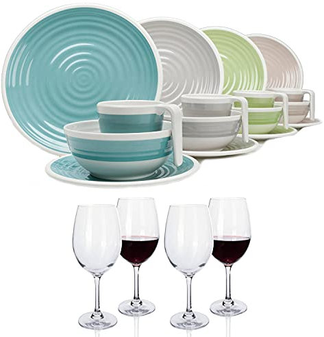 Set di stoviglie da campeggio in melamina, per 4 persone, 16 pezzi + 4 bicchieri da vino rosso