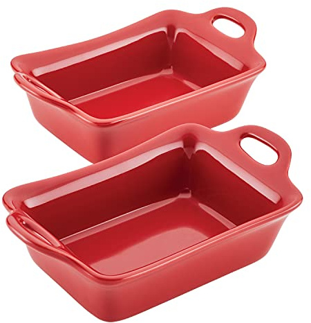 Rachael Ray Solid Glaze Ceramics Au Gratin Bakeware/Baker Set, Rectangular, 2 Piece, Red