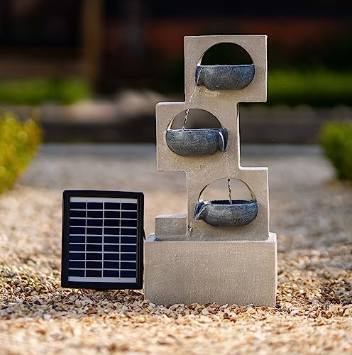 Primrose 53cm Solar Powered Grey Column Pouring Bowls Water Cascade 3 Tier Water Feature with Lights, Battery & Solar Panel