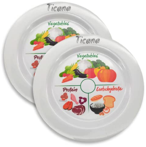 Ticana Plato de control de porciones, platos divididos para adultos, adelgazante, control de pérdida de peso, tamaño guía de porciones de grupo de alimentos, 2 x 10 pulgadas, plato de cena saludable