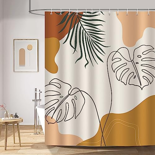 Bonhause Rideau de Douche Feuilles de Bohème Abstraites Milieu du Siècle Rideau de Bain Tissu Polyester Anti Moisissure Imperméable Lavable Rideaux Salle de Bain 180 x 200 cm avec 12 Crochets
