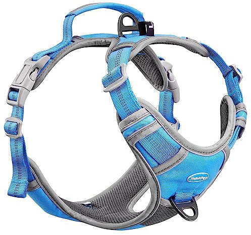 ThinkPet Anti Zug Hundegeschirr, Hundegeschirr mit Griff Leicht zu Kontrollierendem Hundegeschirr Verstellbar ohne Würgen Hundegeschirr Reflektierend Atmungsaktiv Gepolstert (S, Blau)