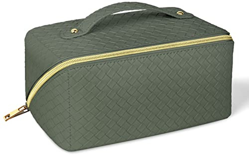 Aucuu Large Capacity Travel Cosmetic Bag for Women Girls, PU Leather Waterproof Layered Storage Makeup Bag, with Handle Portable Travel Organizer （Checkered Mint Green）