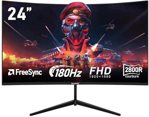 Gawfolk Écran PC 24 Pouces incurvé Gaming Moniteur 180hz, fhd 1080p 1ms sans Lunette, freesync, 100% sRGB,178 ° Angle Vue HDMI DisplayPort, Compatible avec Mural VESA75*75MM - Noir