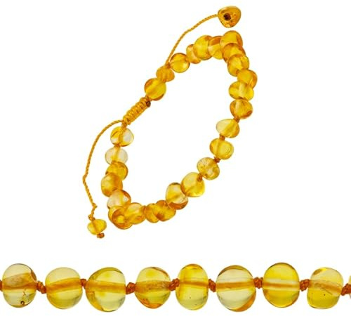 Amberalia Adjustable Baltic Amber Bracelet imported from Lithuania. It is 6.3 + 3.5 inch with a knot between beads. Comes with a gift box, customized message, and an engravable storage linen bag!