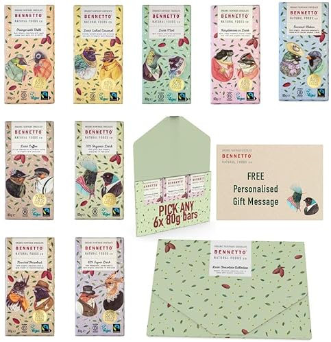 Organic Fairtrade Dark Chocolate by Bennetto Natural Foods. 6 pack of full size 80g bar. Packed in a gift box. Vegan, Gluten-Free (Create your own)