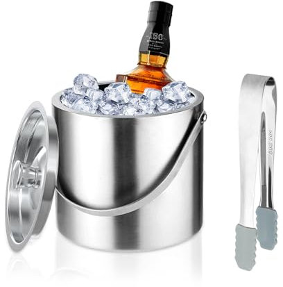 Hocadrv Eiskübel 2L Edelstahl Eiskübel Eisbehälter Eiskübel mit Deckel und Eiswürfelzange Eisbehälter mit Deckel Eiswürfelbehälter Eiseimer für Eiswürfel Bier Sekt Wein