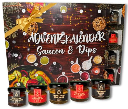 He-Ju Calendario de Adviento de Salsas 2025, 24 Salsas y Dips en Vasitos de 30ml, BBQ sobre Salsa de Dátil y Mostaza y mucho más, Regalo para Hombres, Foodies y Amantes del Grill, Hecho a Mano en