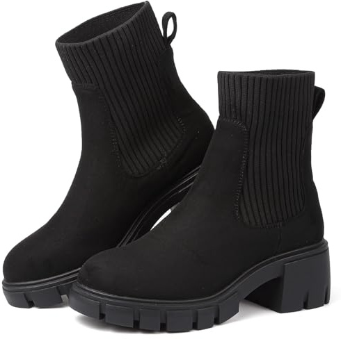 Chelsea Boots Women Ankle Brown Boots For Women Uk Platform Ladies Walking Suede Elastic Chunky Heel Lug Sole Slip On Boot Winter Booties Size 6 Uk Artificial Leathe Botines Para Mujer Combat