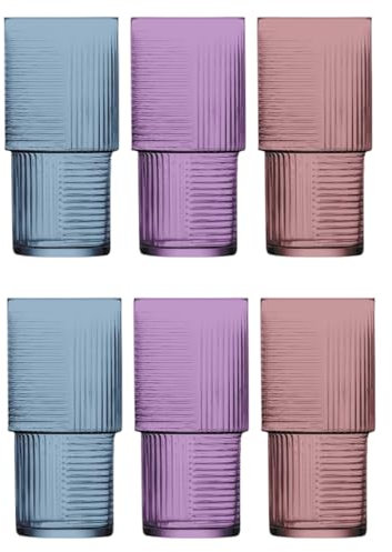 Glasshop 6-Pack Coloured Highball Glasses – 400ml Premium Stackable Glass Set for Cocktails, Juice, and Everyday Use – Blue, Purple & Pink, Dazzling Striped Design, Dishwasher Safe.