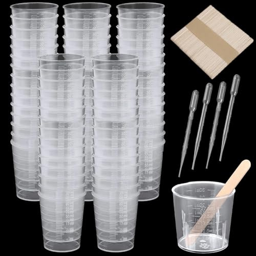 Vasos medidores de plástico, 60 unidades de 30 ml, vasos medidores reutilizables, vaso medidor de precisión con báscula, juego de 60 varillas de madera y 20 pipetas de 3 ml, para manchas